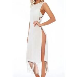 L SPACE white fringe lace up cover up beach swim boho bohemian